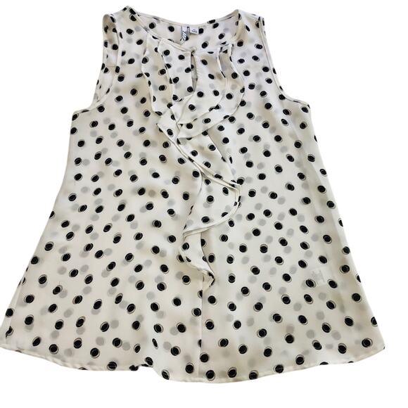 Elle White Black Polka Dot Sleeveless Top Ruffle Front Keyhole Button Closure - Picture 4 of 16